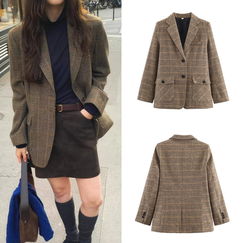 Damen Glencheck-Blazer mit Reverskragen, Pattentaschen und taillierter Silhouette Drune
