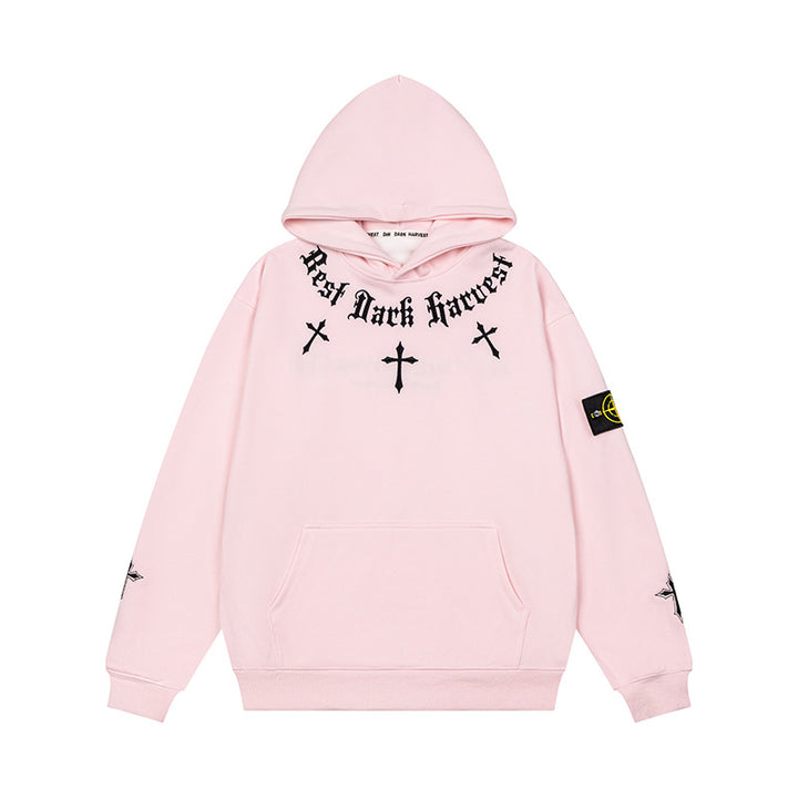 Unisex Oversize Kapuzenpullover mit Gothic-Kreuz-Print, Kängurutasche und Rippbündchen Drune