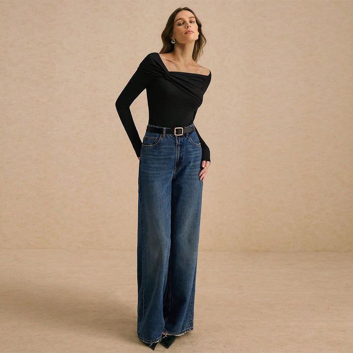 Damen schulterfreies figurbetontes Langarm-Top mit gedrehtem Frontdetail und seitlichen Raffungsnähten Drune