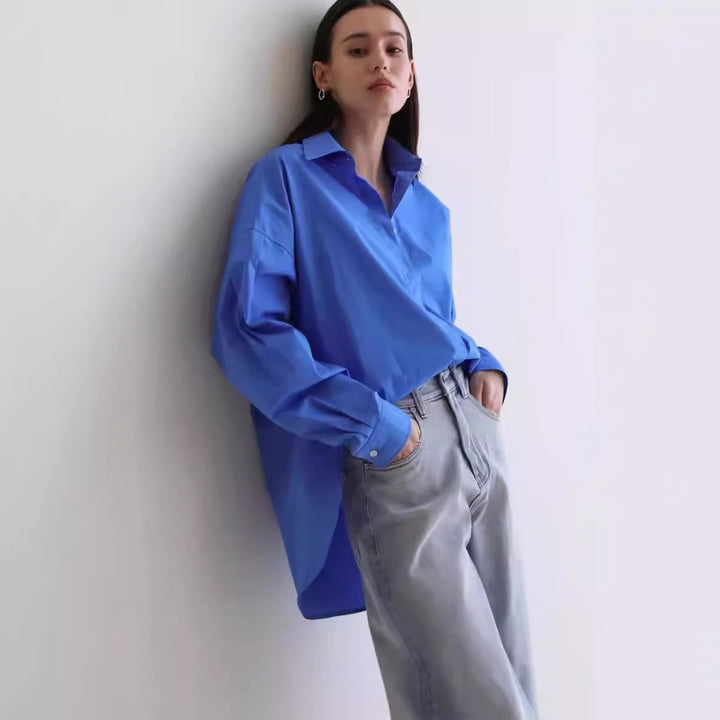 Damen Oversize-Poplinhemd mit hohem Stehkragen, kastiger Passform und überschnittenen Schultern Drune