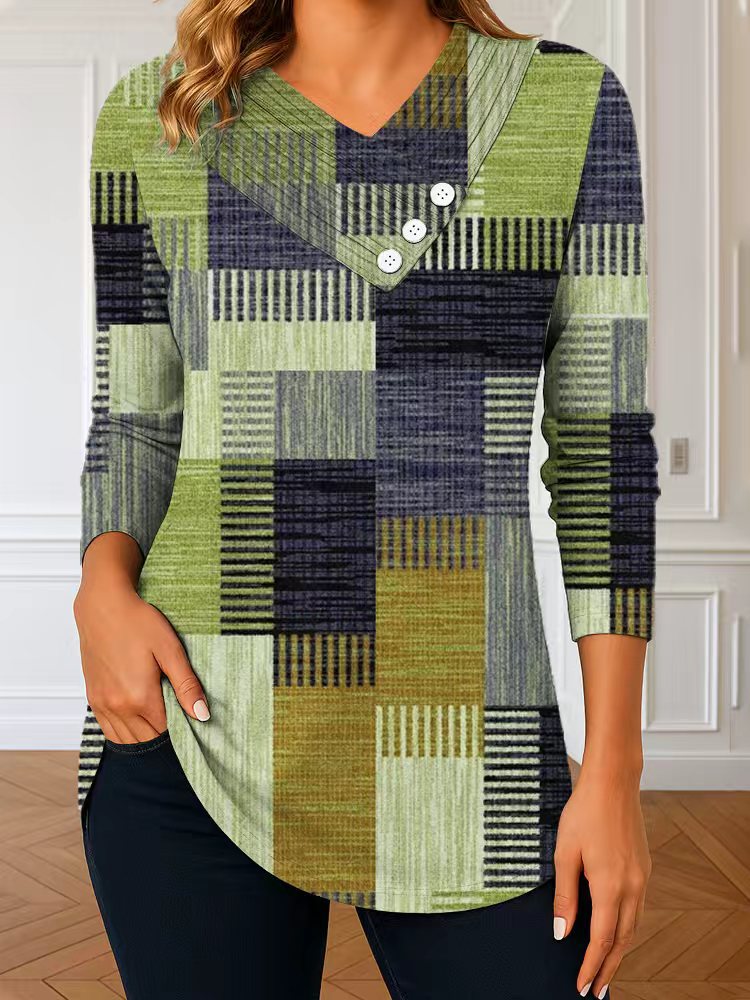 Damen Langarm-Tunika mit asymmetrischem V-Ausschnitt, Zierknopfleiste und kariertem Patchworkmuster Drune