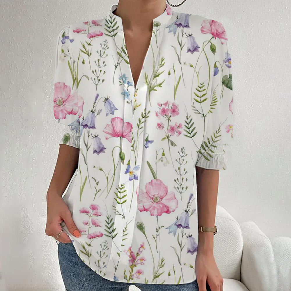 Damen Blumenprint Tunika-Bluse mit Stehkragen, geschlitzter V‑Blende und gerafften 3/4-Ärmeln Drune