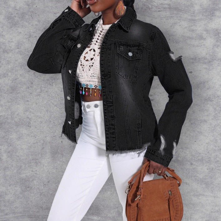 Damen Distressed Denimjacke mit ausgefranstem Saum und Relaxed-Fit Drune