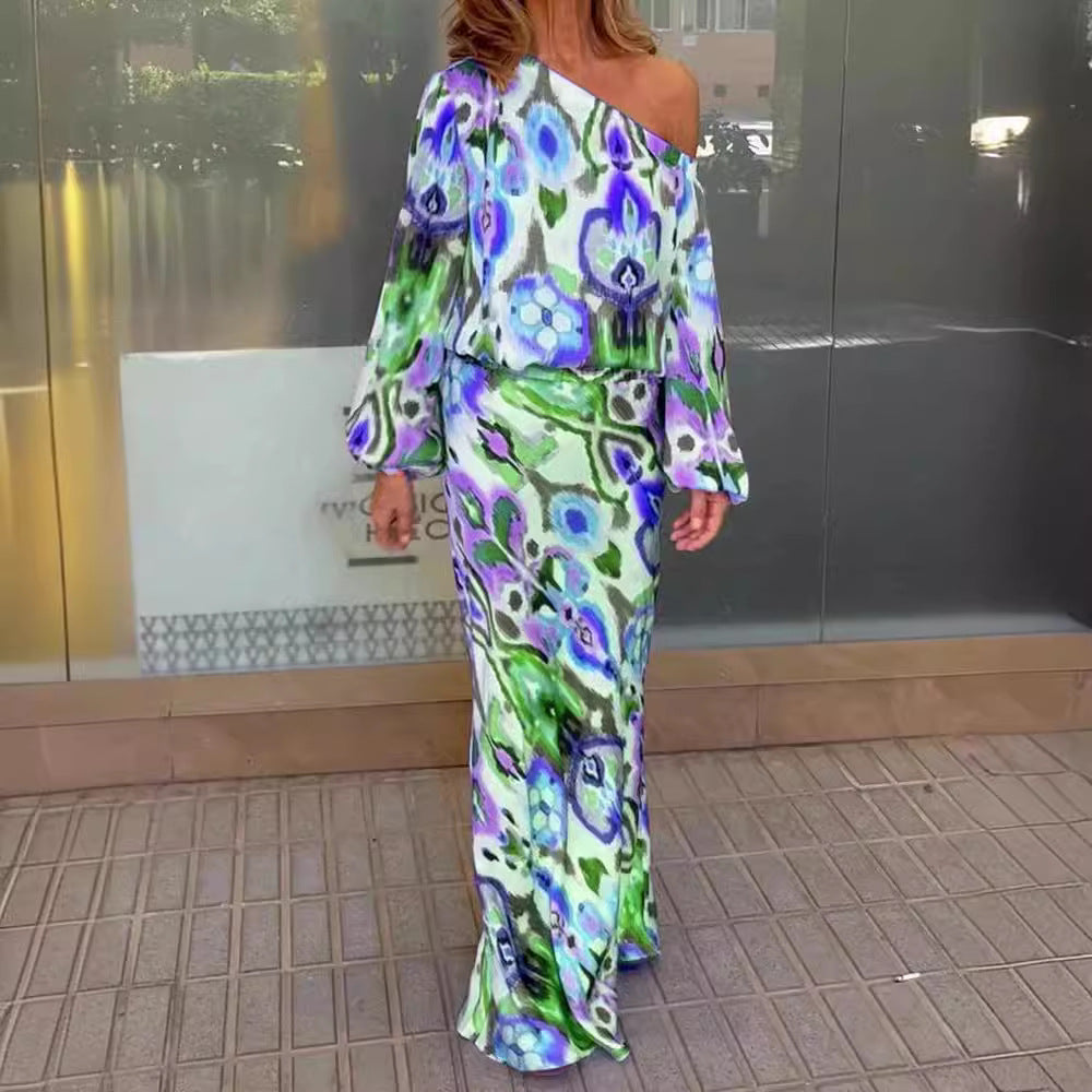 Damen Maxikleid mit asymmetrischer Ein-Schulter, fließendem Satin und Glockenärmeln Drune