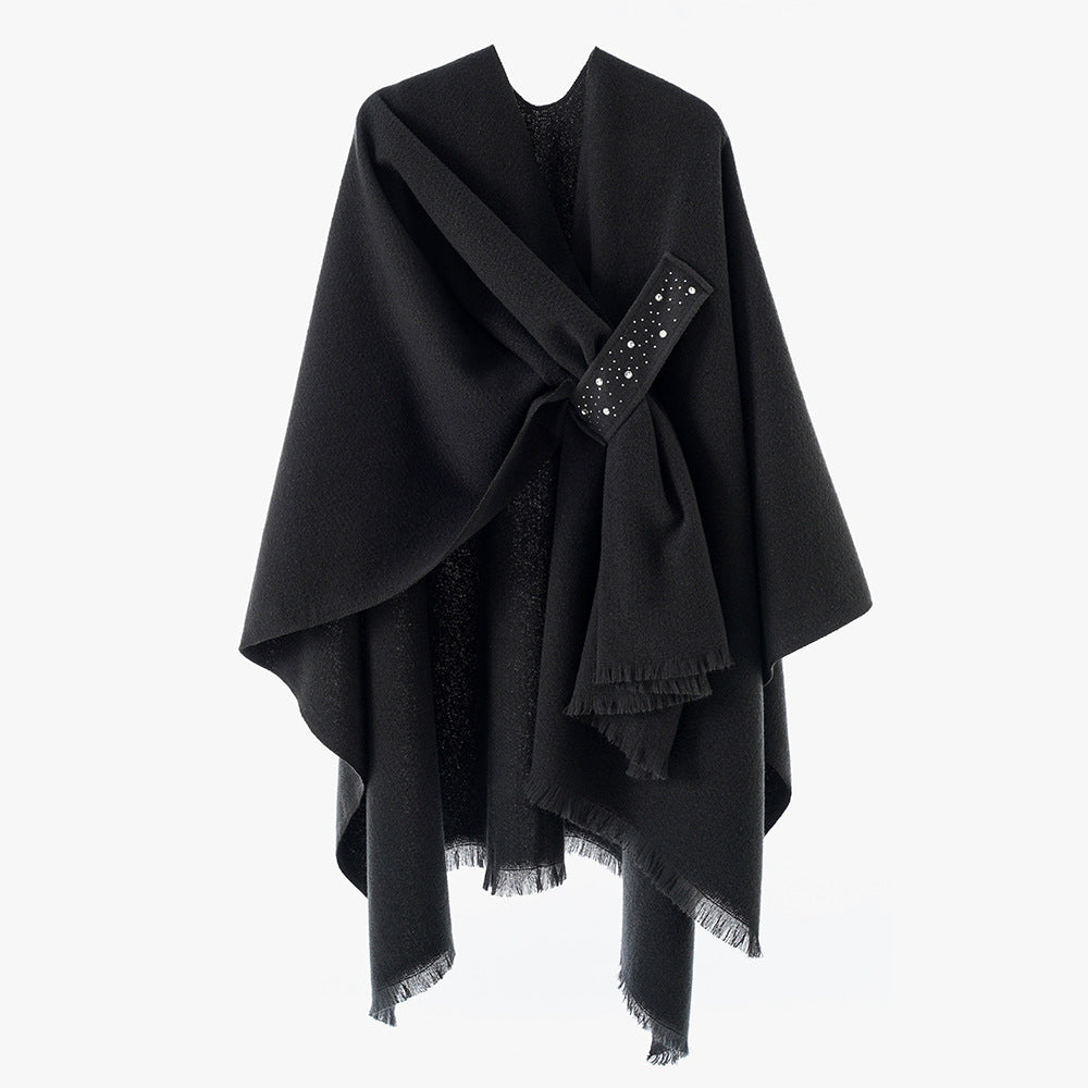 Damen Eleganter Wickel-Umhang aus Wollmischung mit Taillenschärpe und Fransensaum Drune