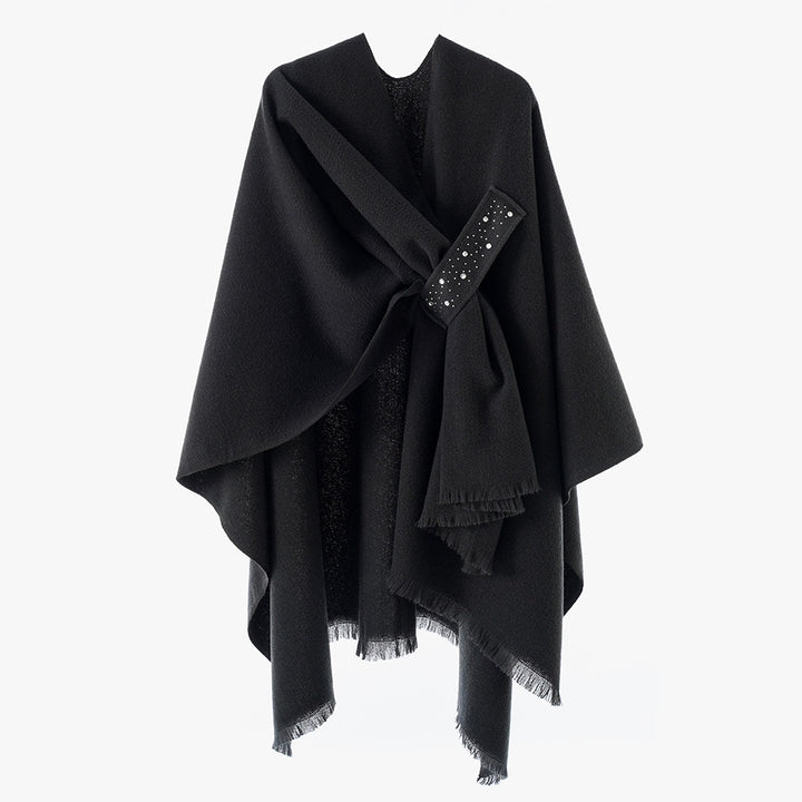 Damen Eleganter Wickel-Umhang aus Wollmischung mit Taillenschärpe und Fransensaum Drune