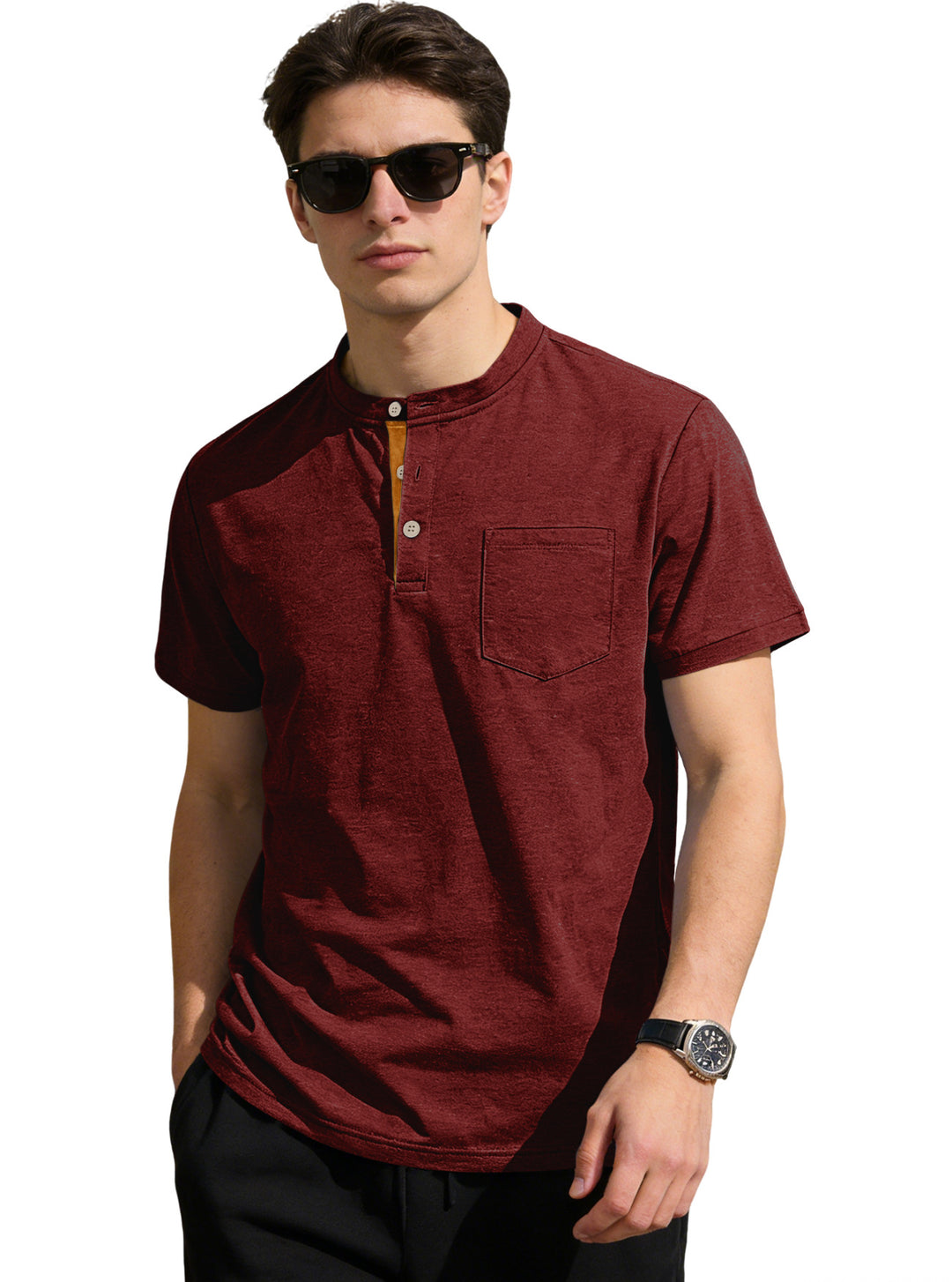 Herren nan strukturiertes Baumwoll-Henleyshirt mit kurzem Stehkragen Knopfleiste und Brusttasche Drune