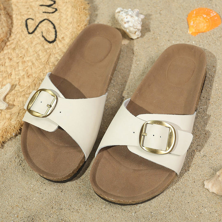 Damen Komfortable Fußbett-Sandalen mit breitem Riemen und glänzender Schnalle Drune