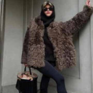 Damen Oversized Kunstfellmantel mit hohem Kragen und Teddystruktur Drune