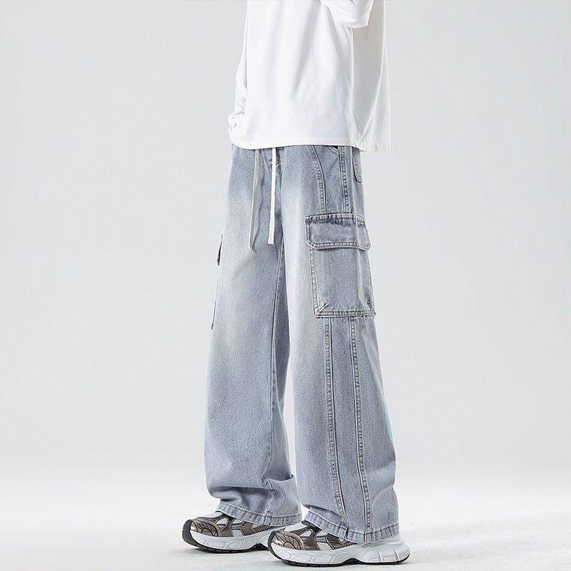Herren Stonewashed-Denim Cargopalazzo mit extra weitem Bein und sichtbaren Ziernähten Drune