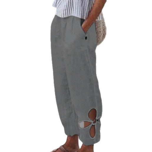 Damen nan leichte Sommerhose mit elastischem Bund, gerafftem Knöchel und blütenförmiger Aussparung Drune