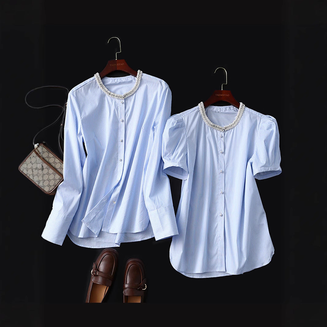Damen Gestreifte Bluse mit perlenbesetztem Rundhals, verdeckter Knopfleiste und extra langen Manschetten Drune