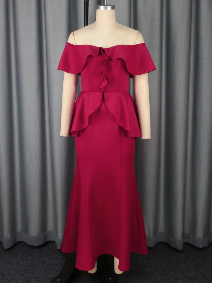 Damen Elegantes Abendkleid mit schulterfreien Rüschen Drune