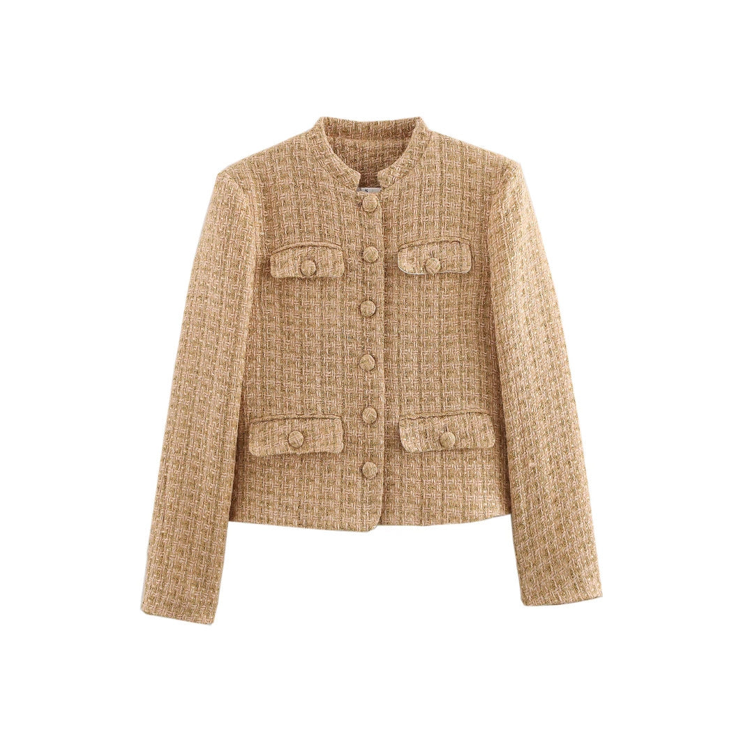 Damen elegante Bouclejacke mit goldenen Knöpfen und aufgesetzten Taschen Drune