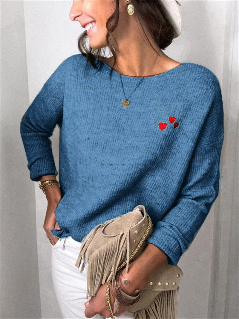 Damen Oversize Strickpullover mit Herz-Stickerei und weitem Boot-Ausschnitt Drune