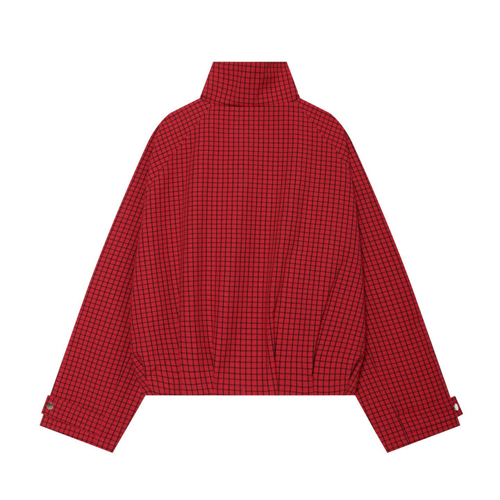 Damen Cropped-Bomberjacke mit hohem Stehkragen, Karomuster und elastischem Saum Drune