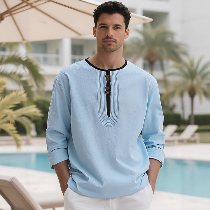 Herren nan weit geschnittenes Langarm-Kurta-Oberteil mit dekorativen Biesen und Holzknopfleiste Drune