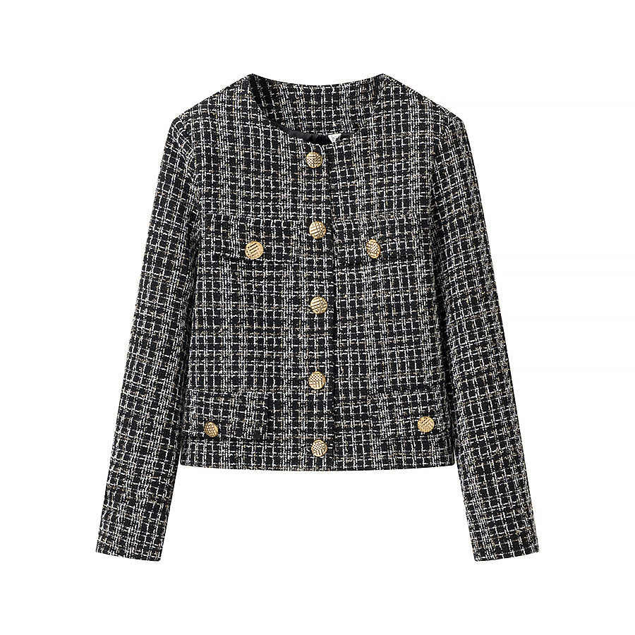 Damen nan kurze Bouclé‑Tweedjacke mit Rundhalsausschnitt dekorativen Goldknöpfen und aufgesetzten Taschen Drune