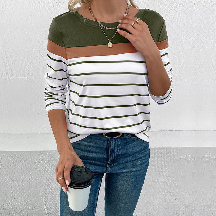 Damen Gestreiftes Langarmshirt mit Colorblock-Detail und Rundhalsausschnitt Drune