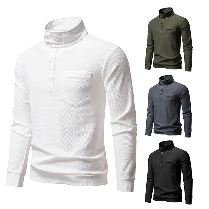 Herren Texturiertes Waffelstrick-Henleyshirt mit hohem Kragen, Knopfleiste und Brusttasche Drune