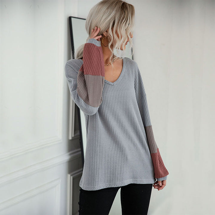 Damen Legeres Waffelstrick-Tunika-Shirt mit V‑Ausschnitt und Colorblock-Ärmeln Drune