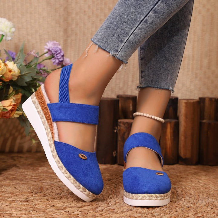 Damen  Espadrille-Keilpantoletten mit elastischem Fersenriemen, Veloursoptik-Obermaterial und geflochtenem Jute-Plateau Drune