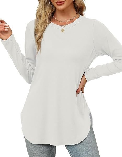 Damen Lässiges Longsleeve-Tunikaoberteil mit Rundhalsausschnitt, Seitenschlitzen und Aquarell-Blattprint Drune