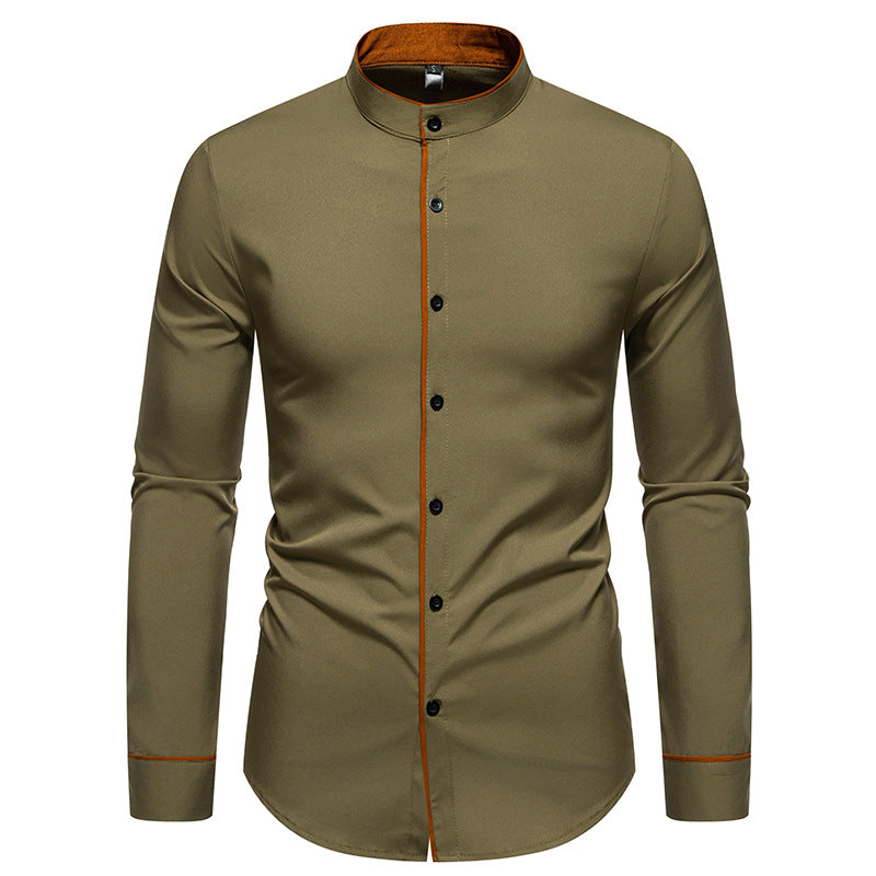 Herren Langarmhemd mit modernem Stehkragen und gesticktem Detail Drune