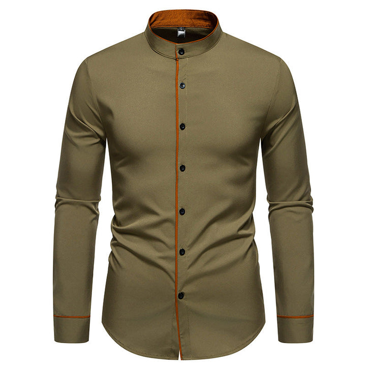 Herren Langarmhemd mit modernem Stehkragen und gesticktem Detail Drune