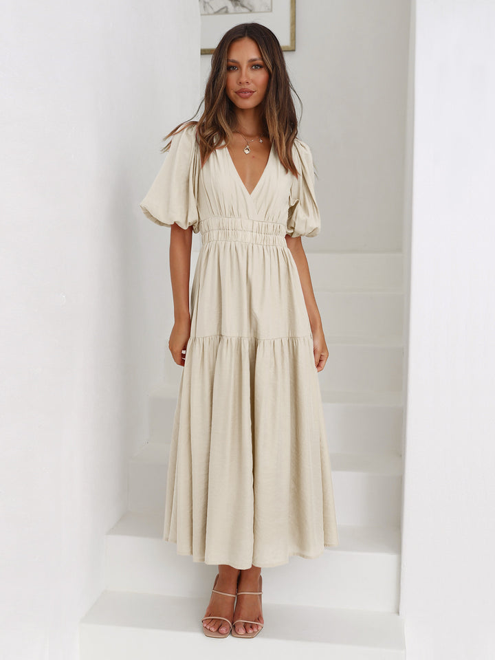 Damen Maxikleid mit tiefem V-Ausschnitt und voluminösen Puffärmeln Drune