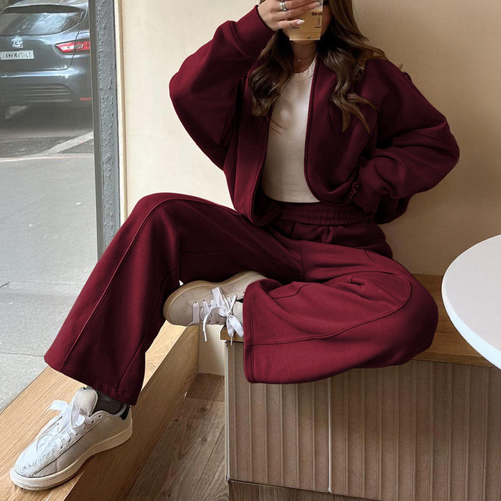 Damen nan Oversize-Zipjacke und hochgeschnittene Palazzohose aus weichem French-Terry Drune