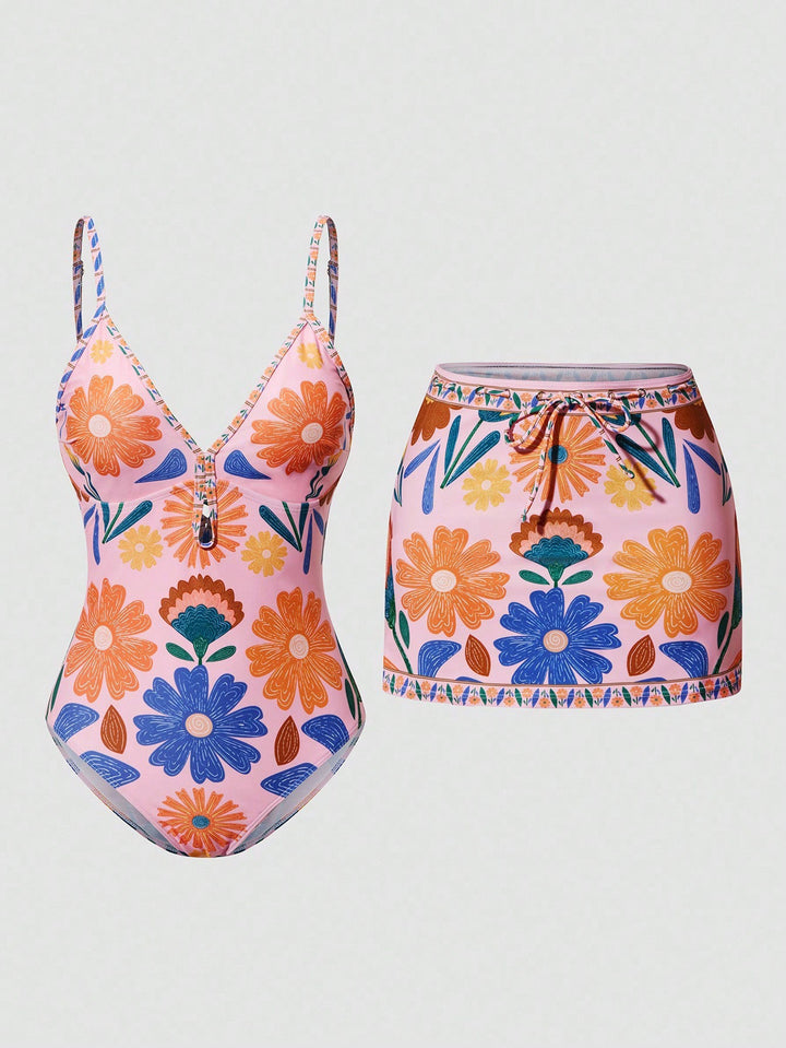 Damen Bikini-Set mit floralem Design und passendem Rock Drune