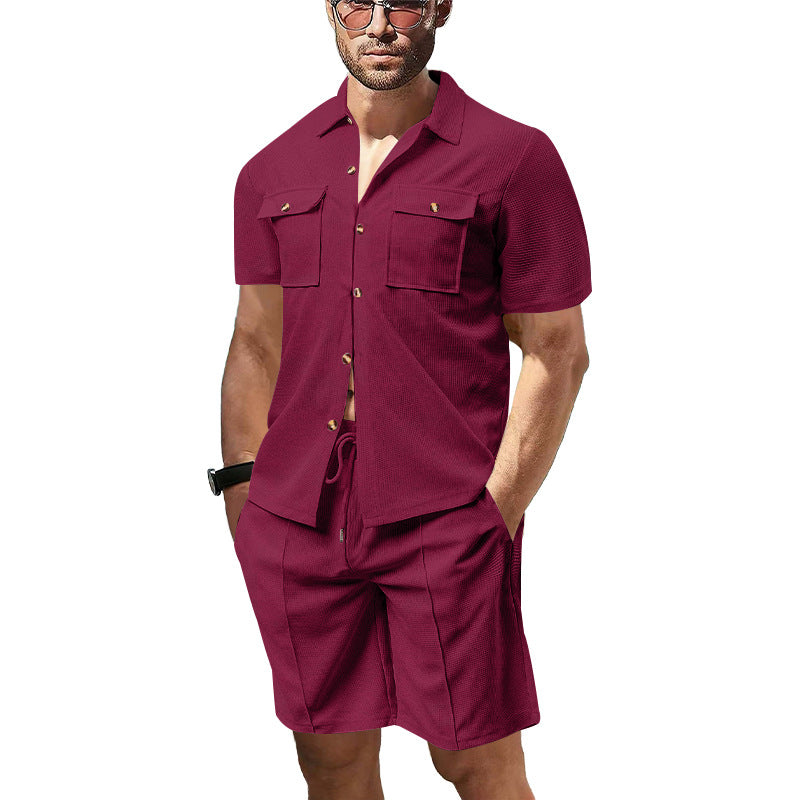 Herren nan modernes Kurzarm-Hemden-Set im Resortstil mit aufgesetzten Pattentaschen, offenem Reverskragen und Kordelzug-Bermuda aus Strukturjersey Drune