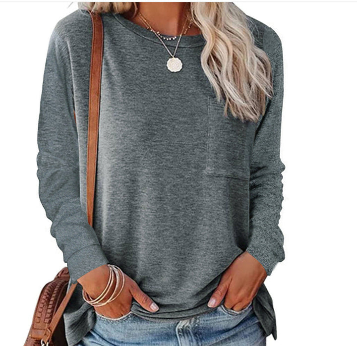 Damen lässiges Langarmshirt mit Taschen und Rundhalsausschnitt Drune