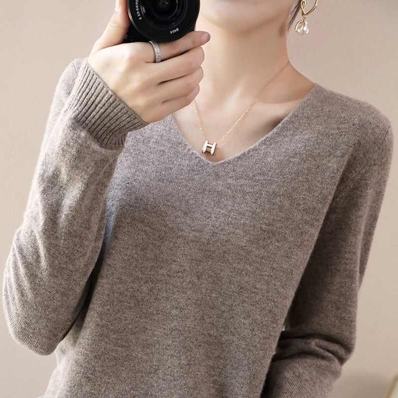 Damen V-Ausschnitt Pullover in Kaschmir-Optik mit legerem Schnitt und Rippbündchen Drune