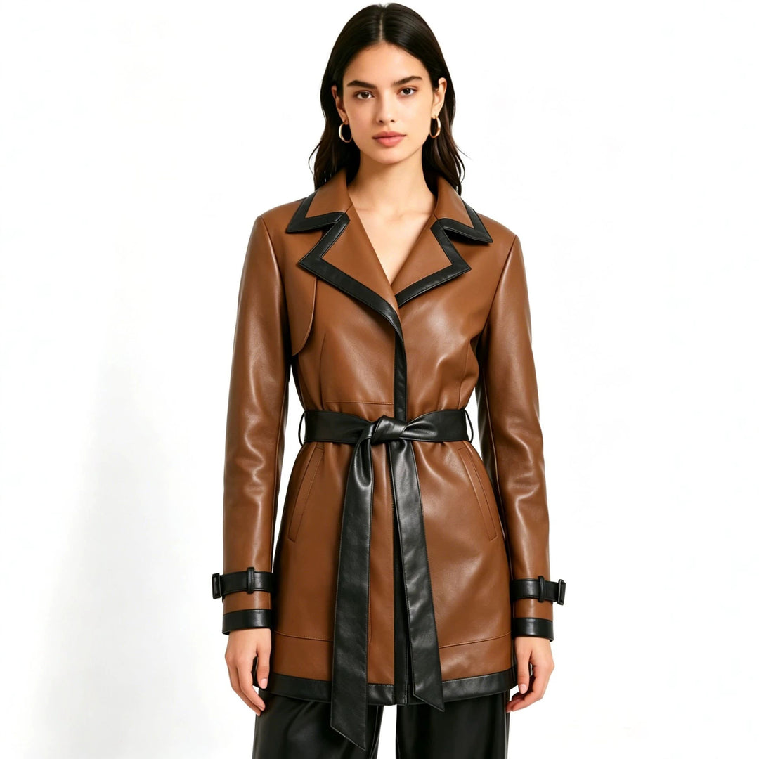 Damen Modischer Kunstleder Trenchcoat Drune