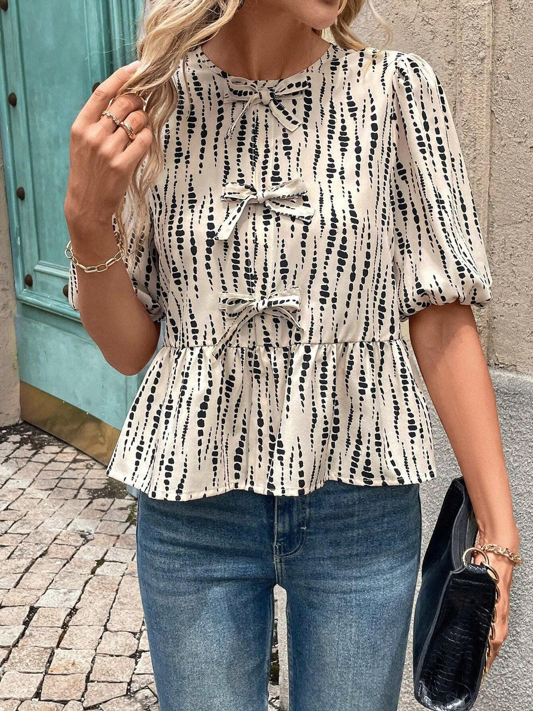 Damen Peplum-Bluse mit dekorativen Schleifen Drune