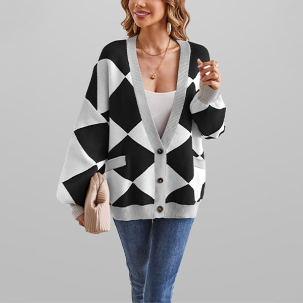 Damen kreativer Strickcardigan mit geometrischem Muster Drune