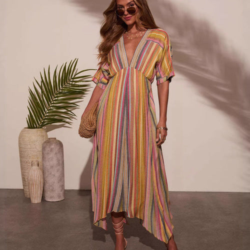 Damen Maxikleid mit tiefem V-Ausschnitt und schwingendem Rock Drune