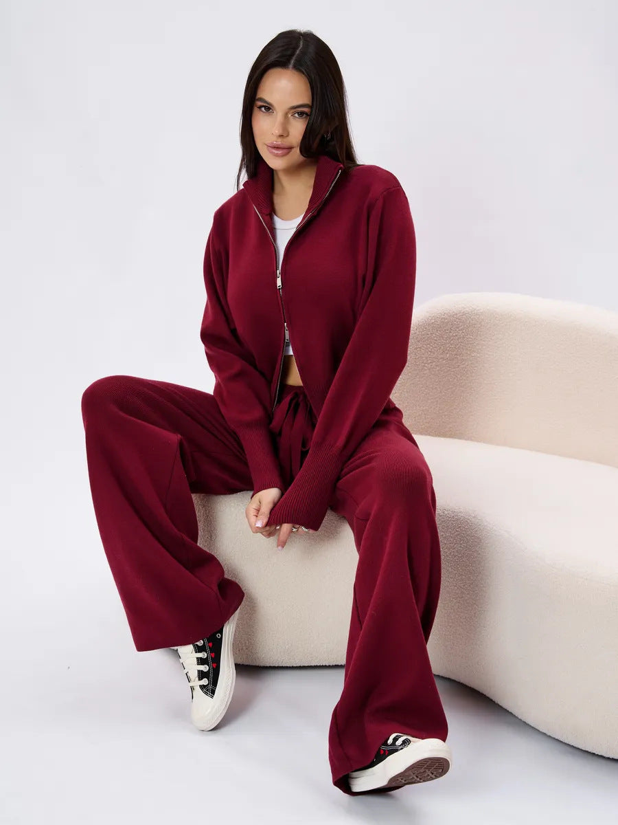 Damen Feinstrick-Zweiteiler mit taillierter Zip-Kapuzenjacke und weiten High‑Waist Kordelhose Drune