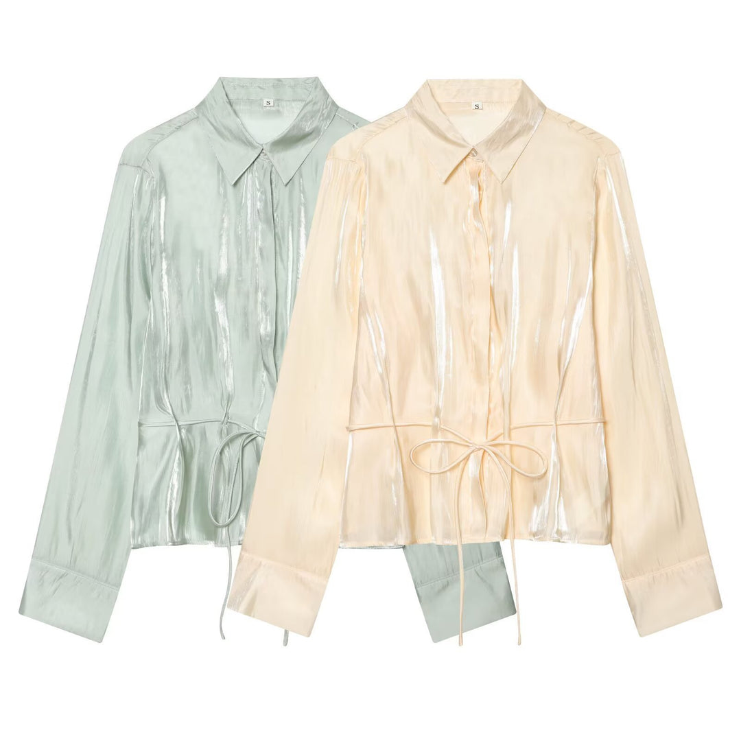 Damen schimmernde Bluse mit verstellbarem Taillenzug und elegantem Kragen Drune