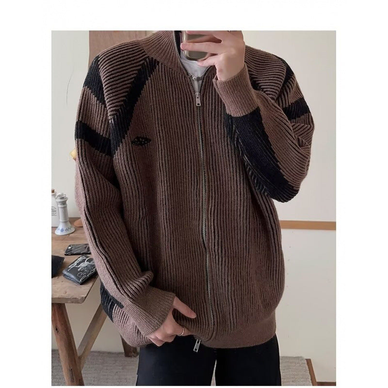 Herren modische Strickjacke mit modernem Zipper und auffälligem Streifenmuster Drune