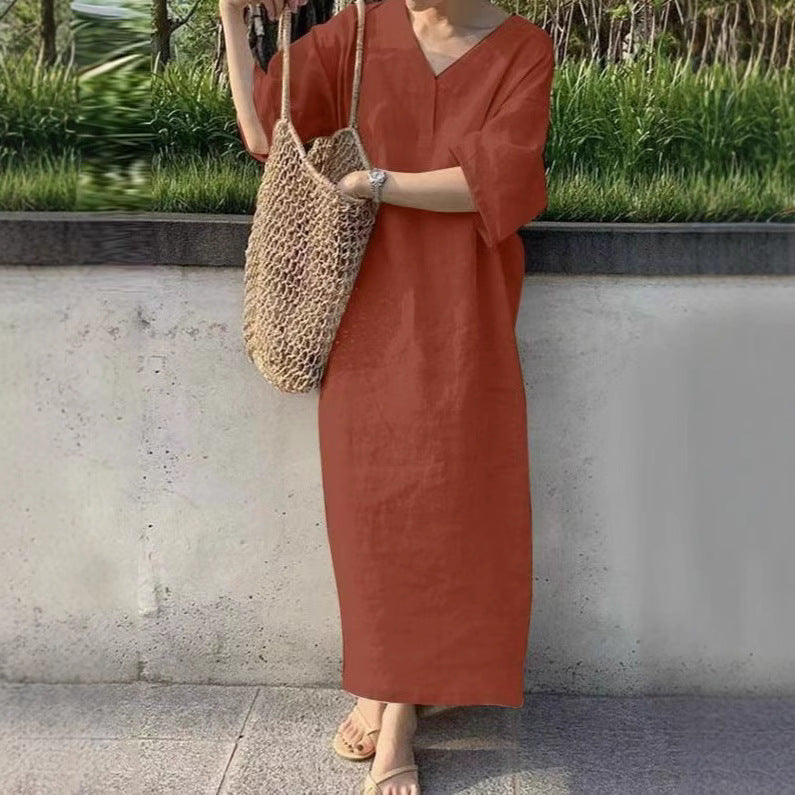 Damen Lässiges Leinen-Maxikleid mit V-Ausschnitt und Oversize-Relax-Fit Drune