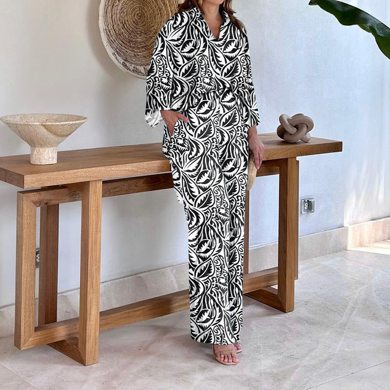 Damen Gemustertes Kimono-Lounge-Set mit weitem Palazzohose aus leichtem Viskose-Mix Drune