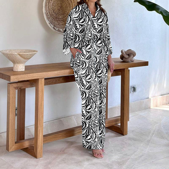 Damen Gemustertes Kimono-Lounge-Set mit weitem Palazzohose aus leichtem Viskose-Mix Drune