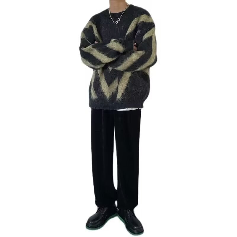 Herren Modischer Grobstrickpullover mit Chevron-Muster Drune