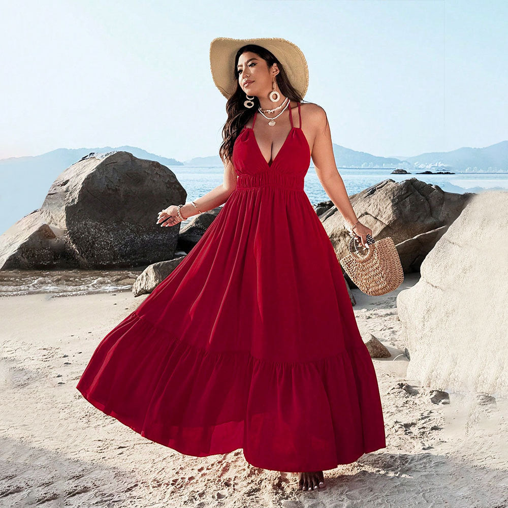 Damen Maxikleid mit tiefem V-Ausschnitt und elastischem Taillenbund Drune
