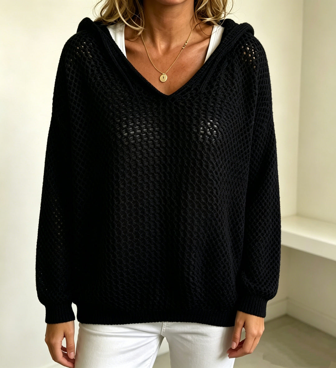 Damen Grobgestrickter V-Ausschnitt-Pullover mit Kapuze und Lochmuster Drune