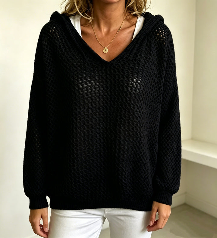 Damen Grobgestrickter V-Ausschnitt-Pullover mit Kapuze und Lochmuster Drune
