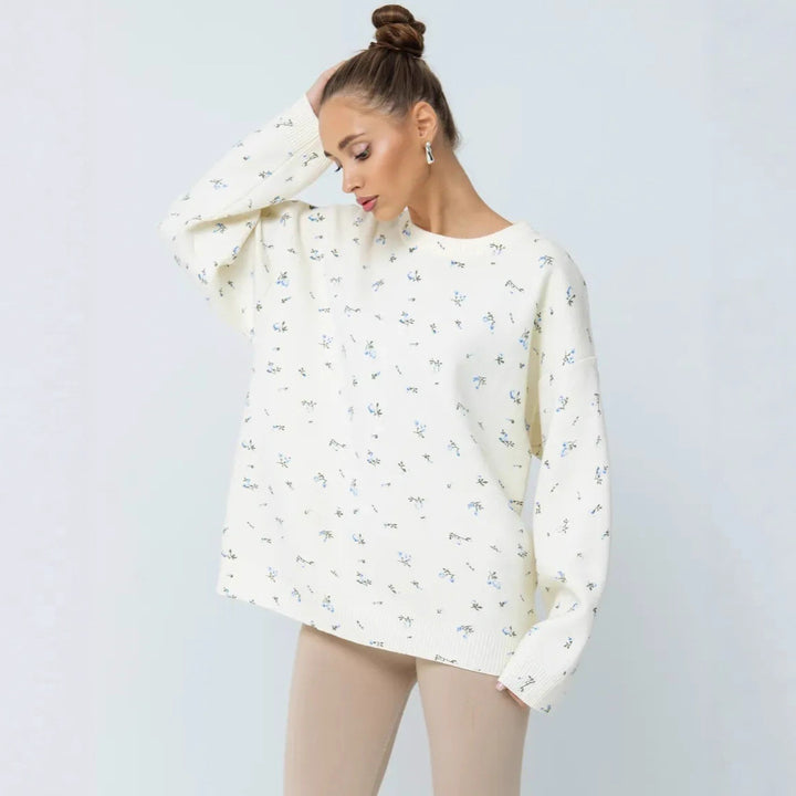 Damen Oversized Strickpullover mit floralen Akzenten und weitem Schnitt Drune